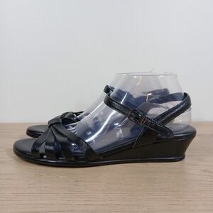 SAS Sandals Women 11 Black Leather Strappy Wedge Buckle Comfort Classic